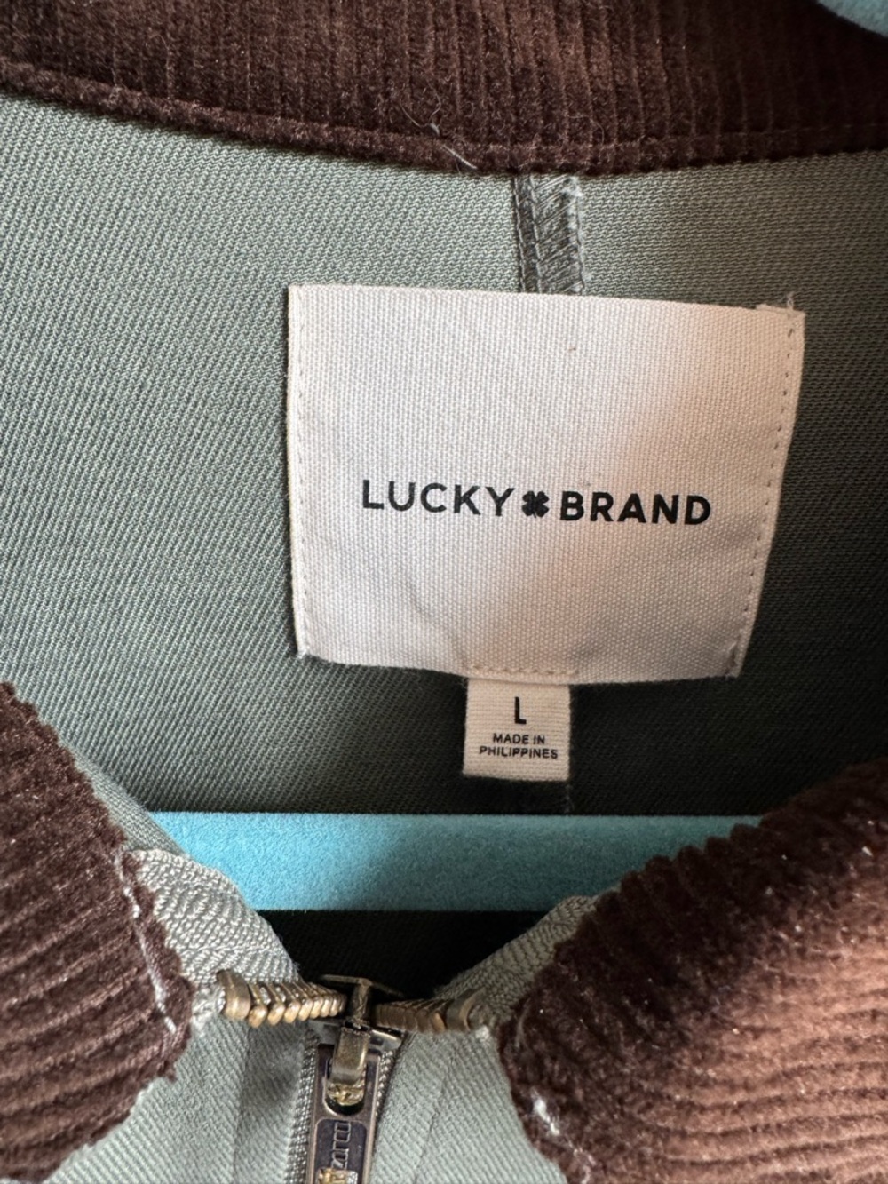 Lucky Brand Sage Green Jacket with Brown Corduroy Trim - Picture 2 of 3